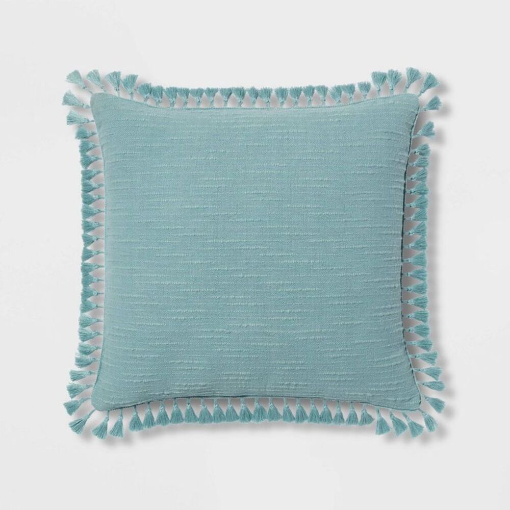 Euro Textured Slub Cotton Dobby Tassel Square Throw Pillow - Teal Blue